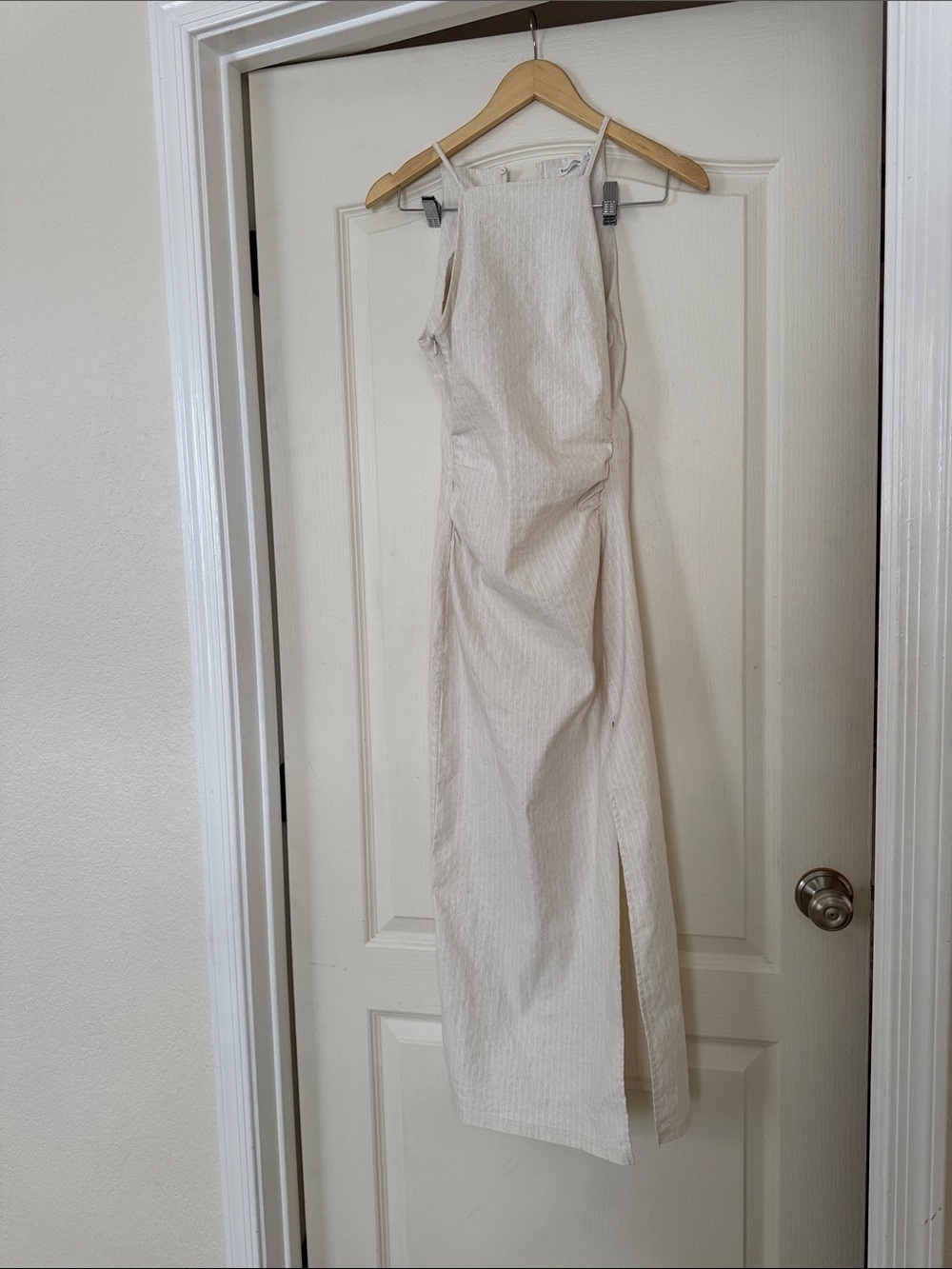 stradivarius Cream Halter-Style Maxi Dress with Front Slit